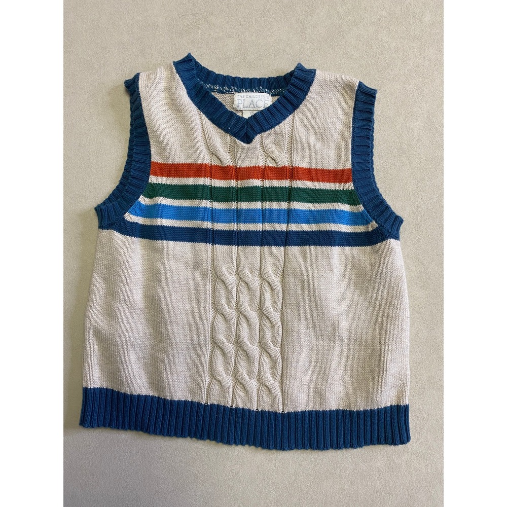 The Childrens Place Boys XS 4 Cable Knit Striped V-Neck Sweater Vest Beige Blue